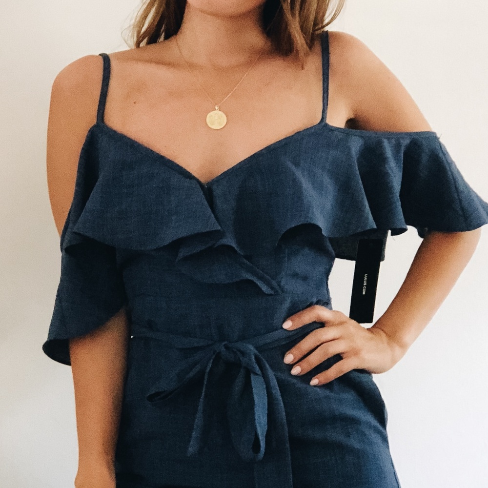 Lulus Navy Off The Shoulder Jumpsuit